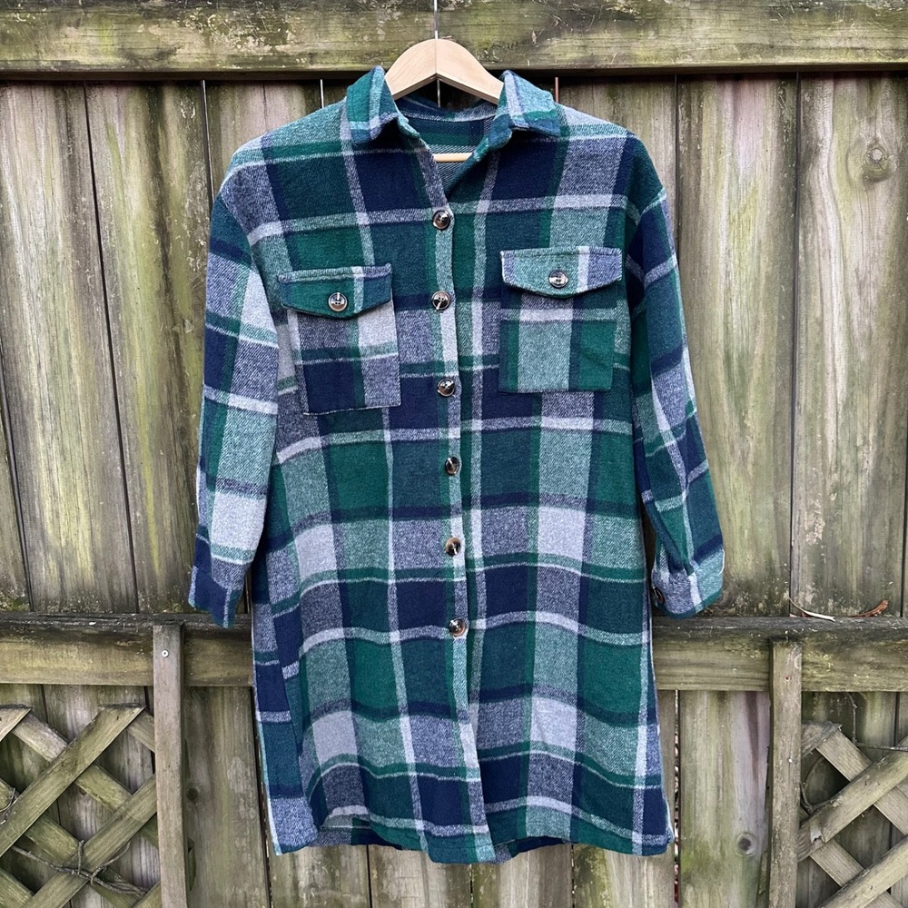 SHEIN Plaid Longline Shacket Shirt Jacket Y2K Grunge Green Navy Gray Size Small - Picture 2 of 10